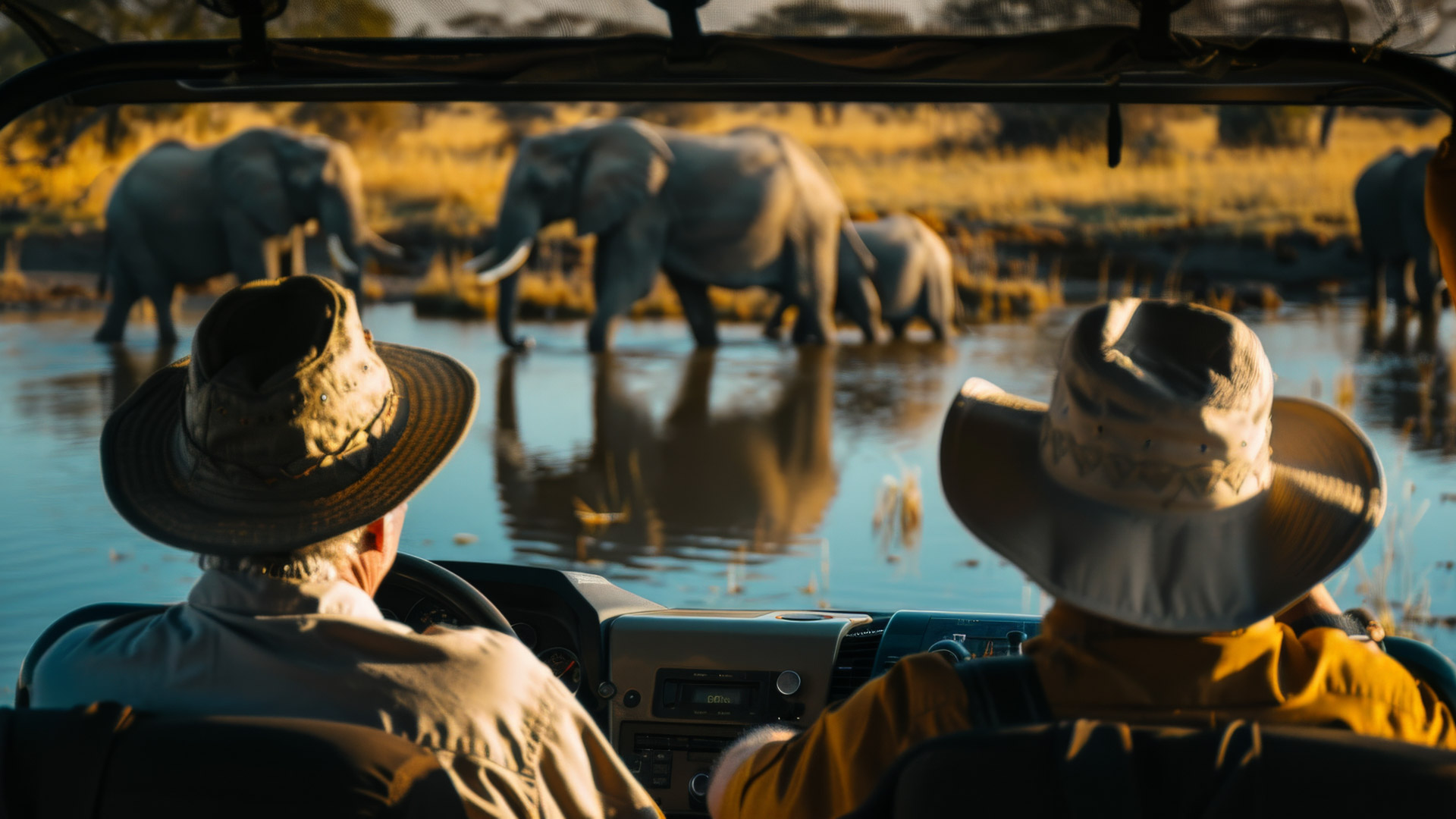 Safari i Botswana i förgrunden ser du ett par i en safaribil och i bakgrunden elefanter so reflekteras i vattnet