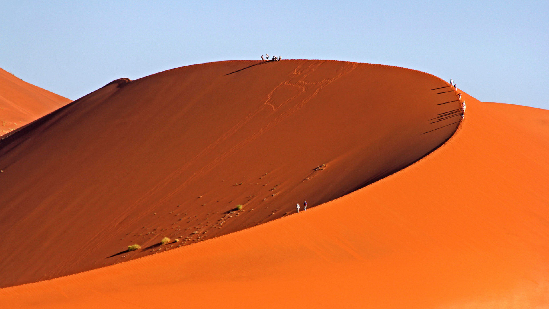 En röd sanddyn med tydlig kam kontrasterar mot en ljusblå himmel och tittar man noga ser man människor som går längs kammen. Namibia ökenland