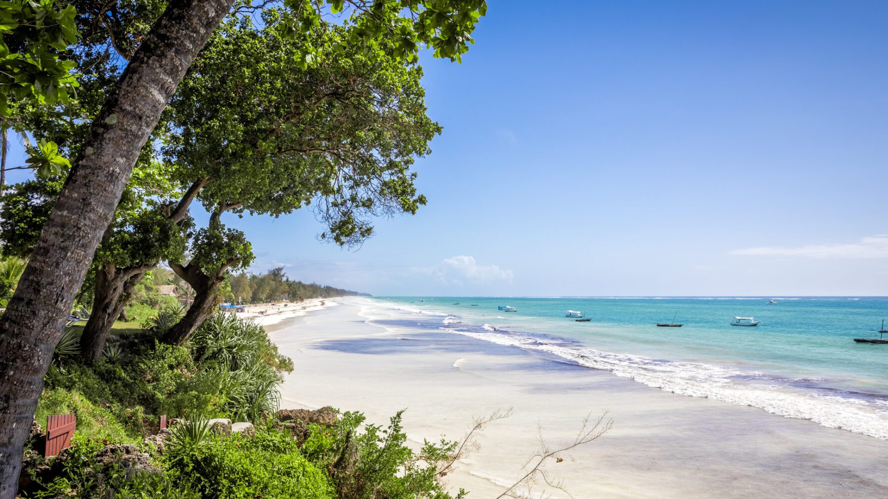 Diani Beach stranden i södra Kenya, växtlighet och palmer till vänster i bild, lång sandstrand och azurblått hav till höger