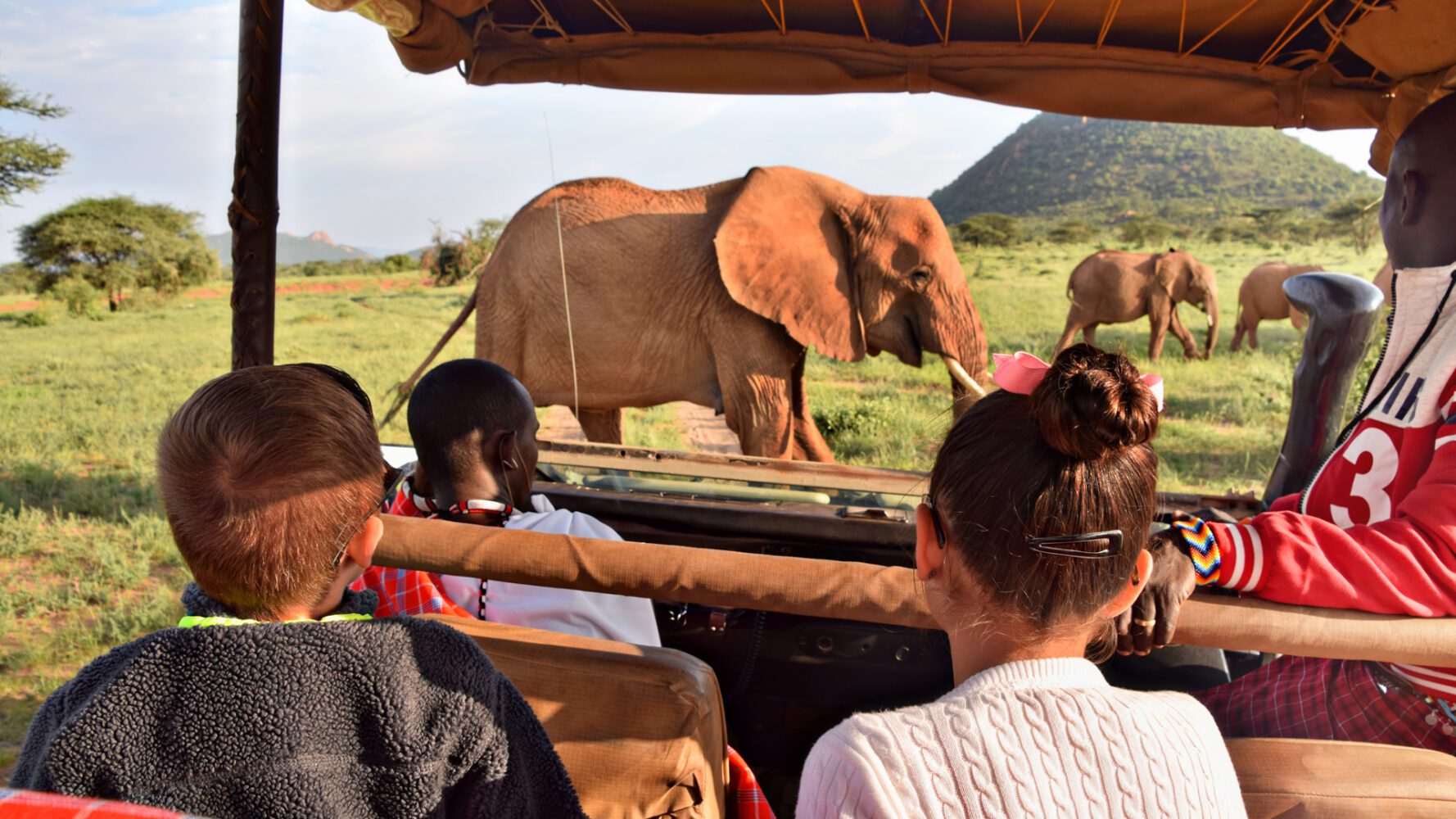 två barn och två guider tittar ut på en elefant från safaribilen
