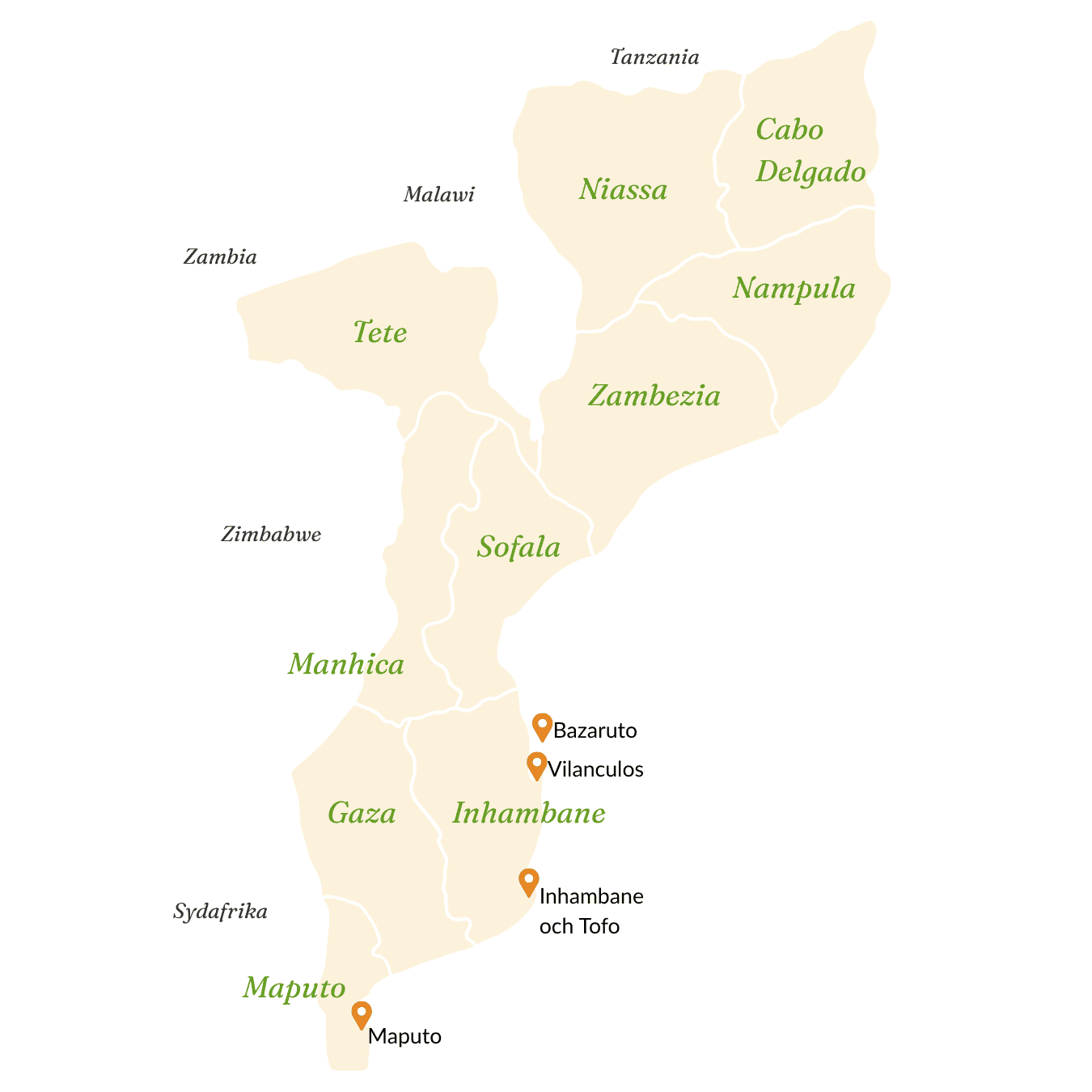 En karta över Moçambique som visar grannländer och alla landets regioner, med de orter som är särskilt intressasnta för turister utpekade: Vilanculos, Bazaruto, Inhambane och Tofo samt huvudstaden Maputo.